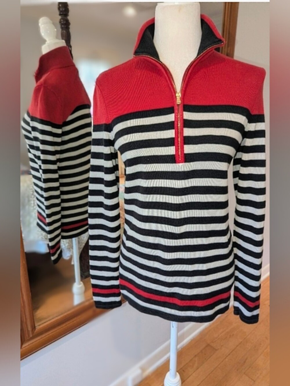 💯 Cotton Ralph Lauren Red, Black & White Striped Half-Zip Sweater
